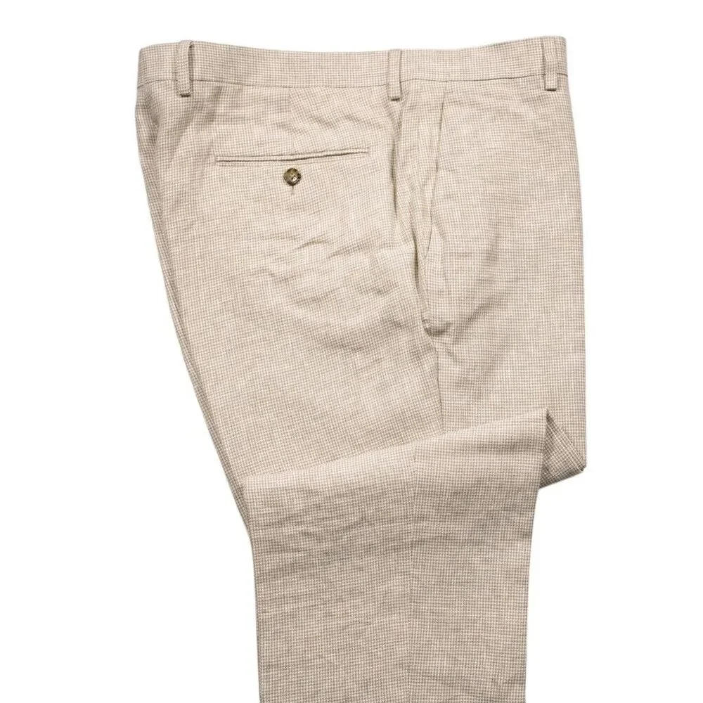J.Crew Mens Dress Pants Beige Check 100% Linen Thompson Tapered Flat Front 38x31